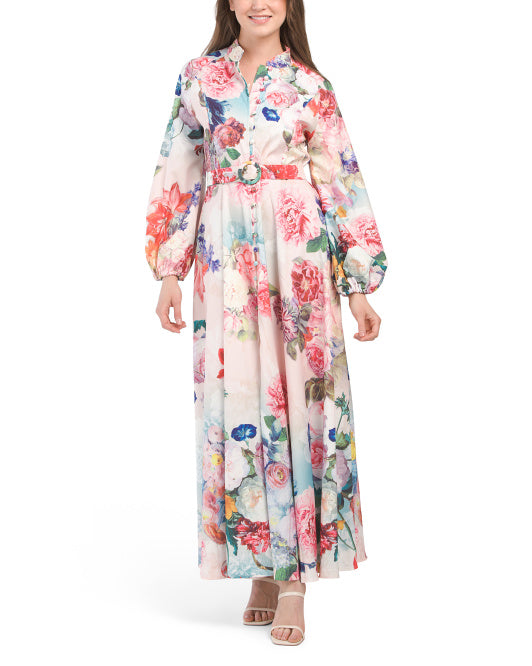 Romantic Floral Maxi Dress With Covered Buttons
