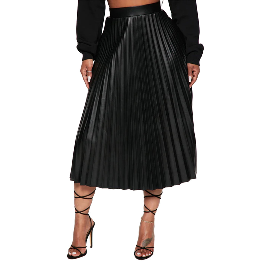 thumbnail image 1 of Women Faux Leather Midi Skirt, High Waist Solid Color Zip Up Pleated A-line Skirt Leather Flared Swing Maxi Skirt, 1 of 6