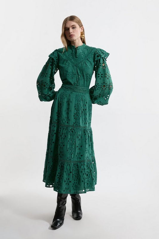 Eyelet Woven Midi Skirt With Guipure Trim