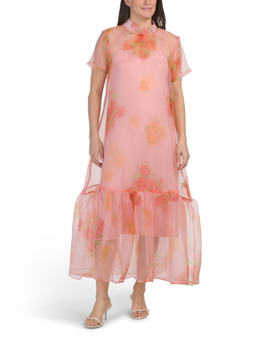 NANCY YANG Airy Sheer Bubble Sleeve Maxi Dress