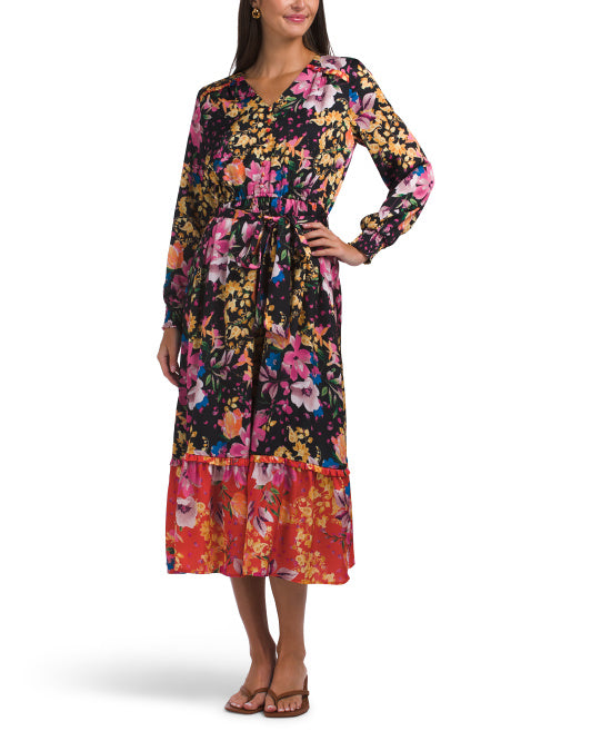 T TAHARI Long Sleeve V-neck Maxi Dress