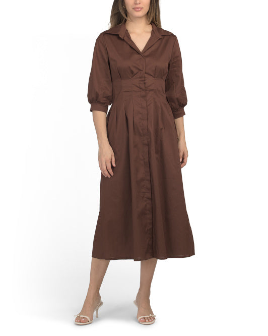 BLUE NAVY Made In Italy Three-quarter Sleeve Pleated Waist Maxi Dress