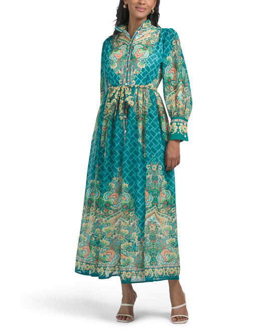 DALIA MACPHEE Deco Paisley Long Sleeve Maxi Dress With Border Detail