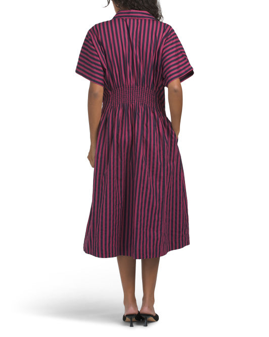 LEA Short Sleeve Pleated Waist Striped Midi Dress