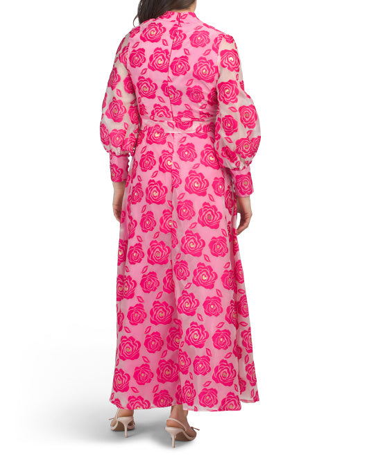 DALIA MACPHEE Long Sleeve Floral Embroidered Maxi Dress With Buttons