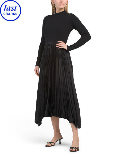 ELIE TAHARI Long Sleeve Mock Neck Midi Mixed Media Dress