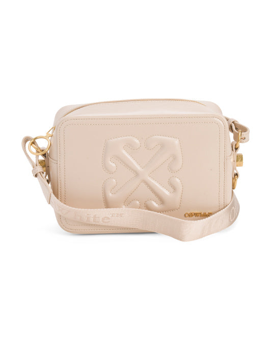 OFF WHITE Leather Medium Embossed Crossbody With Logo Webbed Strap
