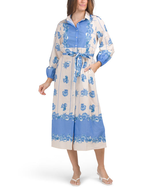 CELINA MOON Long Sleeve Shell Print Midi Dress