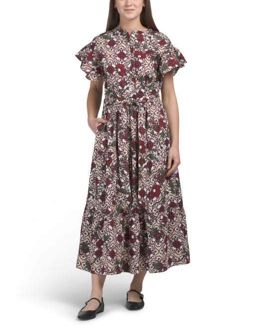 LEA Short Sleeve Ruffle Collar Maxi Dress