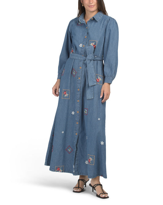 SOLITAIRE Long Sleeve Embroidered Denim Maxi Dress With Rope Belt