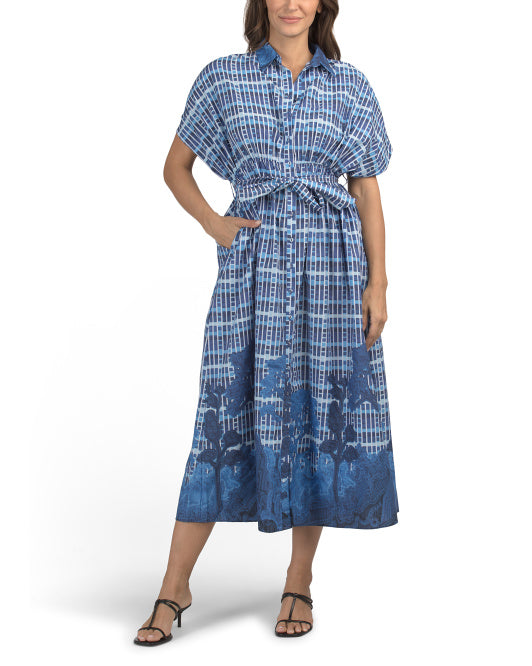 CELINA MOON Short Sleeve Pleated Waist Floral Border Maxi Dress