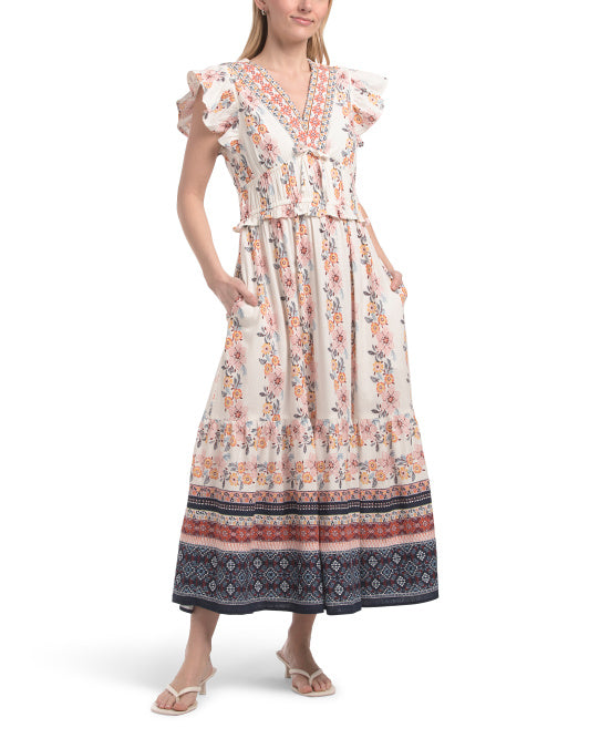 LEA Linen Blend Floral Maxi Dress With Striped Border