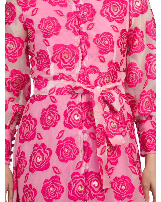 DALIA MACPHEE Long Sleeve Floral Embroidered Maxi Dress With Buttons