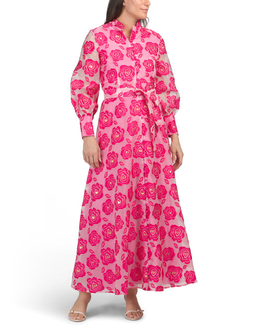 DALIA MACPHEE Long Sleeve Floral Embroidered Maxi Dress With Buttons