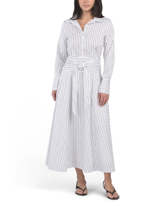 ELLEN TRACY Stretch Poplin Belted Flared Maxi Shirt Dress