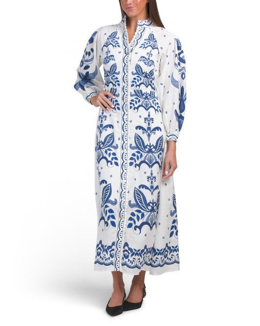 MAGASCHONI Linen Blend V-neck Button Front Dress With Print Details