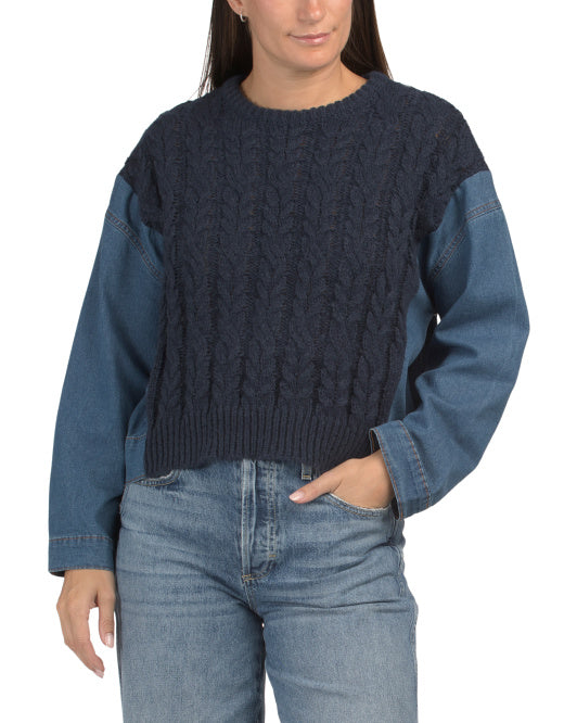COCOBLEU Denim And Cable Knit Sweater