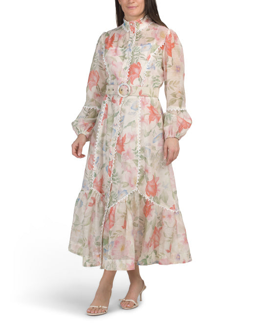 NANCY YANG Pom Pom Trim Floral Maxi Shirt Dress