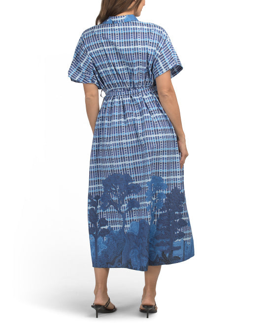 CELINA MOON Short Sleeve Pleated Waist Floral Border Maxi Dress