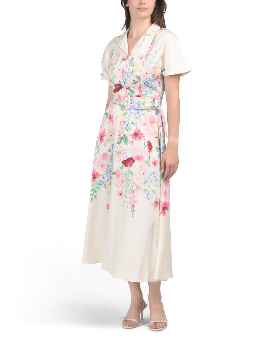 DALIA MACPHEE Short Sleeve Floral Maxi Dress With Belt