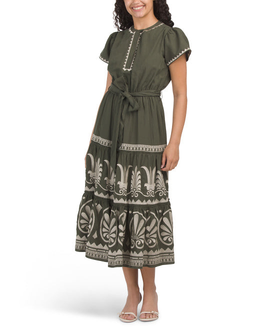 ELIE TAHARI Linen Blend Short Sleeve Tiered Maxi Dress With Belt