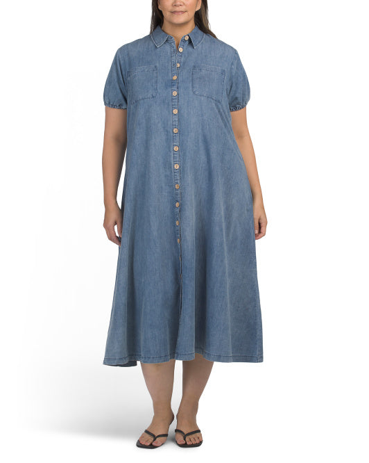GIVEN KALE Plus Button Front Denim Maxi Dress