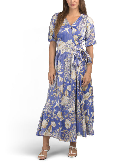 CIEBON Ariela Printed Puff Sleeve Wrap Maxi Dress