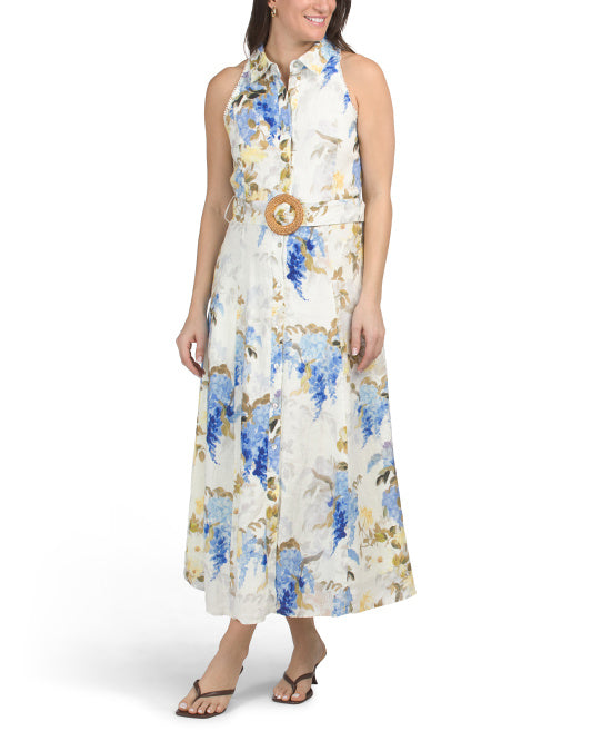 ELIE TAHARI Linen Blend Sleeveless Collar Button Down Maxi Dress With Buckle Belt