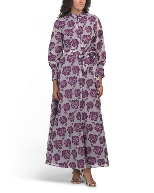 DALIA MACPHEE Long Sleeve Floral Embroidered Maxi Dress With Buttons