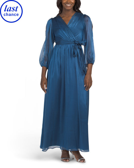 ALEX EVENINGS Illusion Sleeve Wrap Front Maxi Dress