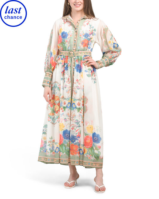 DALIA MACPHEE Long Sleeve Floral Maxi Dress With Belt