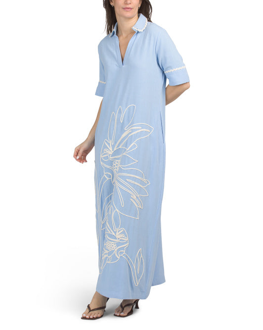 SOLITAIRE Linen Blend Short Sleeve Floral Soutache Maxi Dress