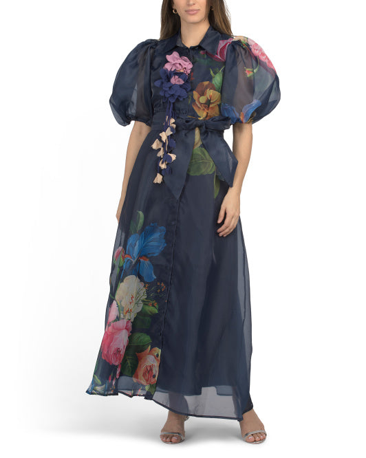 DALIA MACPHEE Puff Sleeve Floral Maxi Dress With 3d Floral Accents