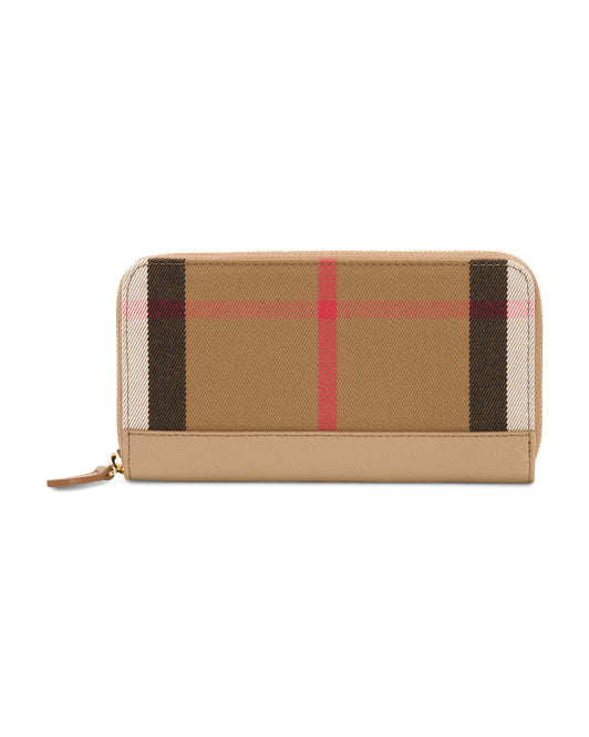 BURBERRY Made In Italy Canvas And Leather Large House Check Zip Around Wallet