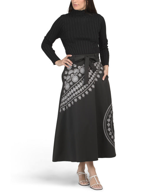 DALIA MACPHEE Mixed Media Mock Neck Long Sleeve Maxi Dress