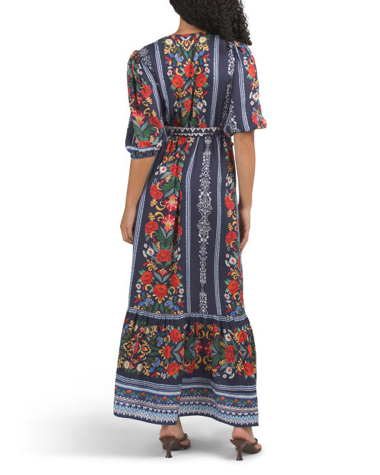 CELINA MOON Short Sleeve Floral Maxi Dress With Belt