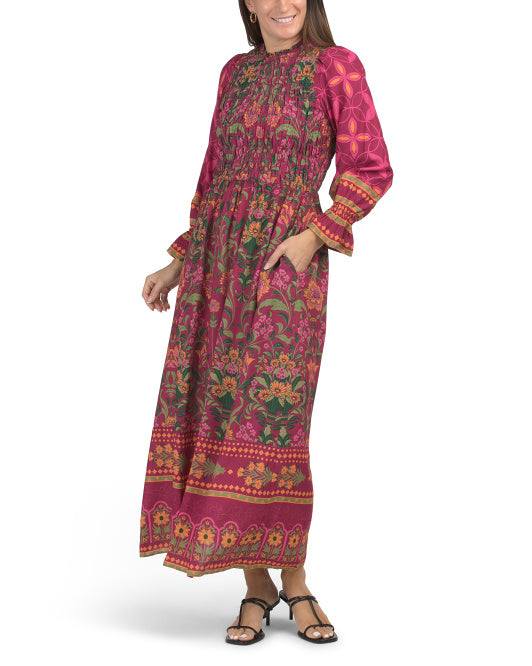 CELINA MOON Long Sleeve Smocked Bodice Maxi Dress