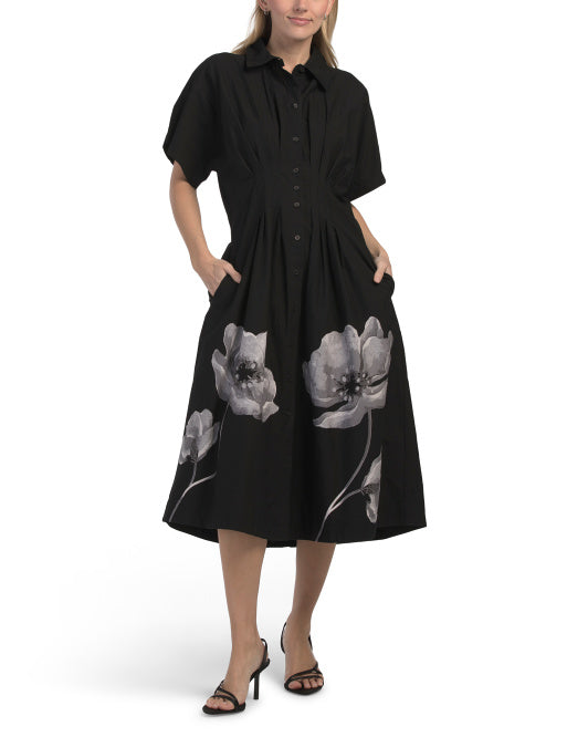 LEA Short Sleeve Pleated Waist Floral Maxi Dress