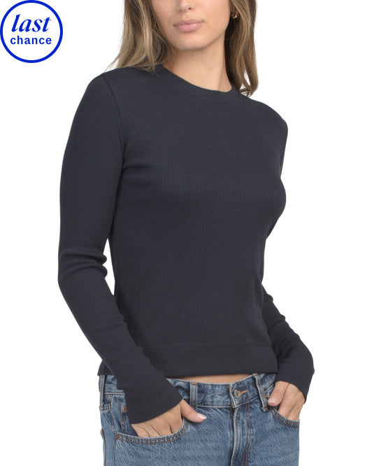 THEORY Pima Cotton Blend Tiny Ribbed Long Sleeve Sweater