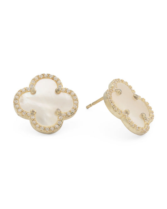 RACHEL ZOE Gold Plated Sterling Silver Mother Of Pearl Clover Earrings
