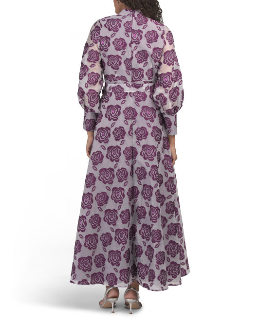 DALIA MACPHEE Long Sleeve Floral Embroidered Maxi Dress With Buttons