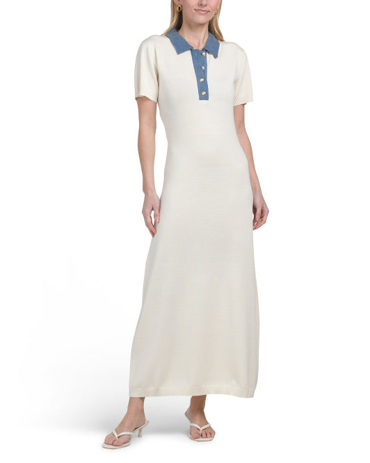 SUPER NATURAL BY SECRET MISSION Ribbed Knit Maxi Dress With Denim Trim