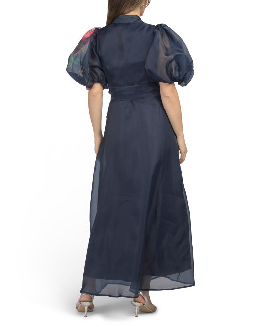 DALIA MACPHEE Puff Sleeve Floral Maxi Dress With 3d Floral Accents