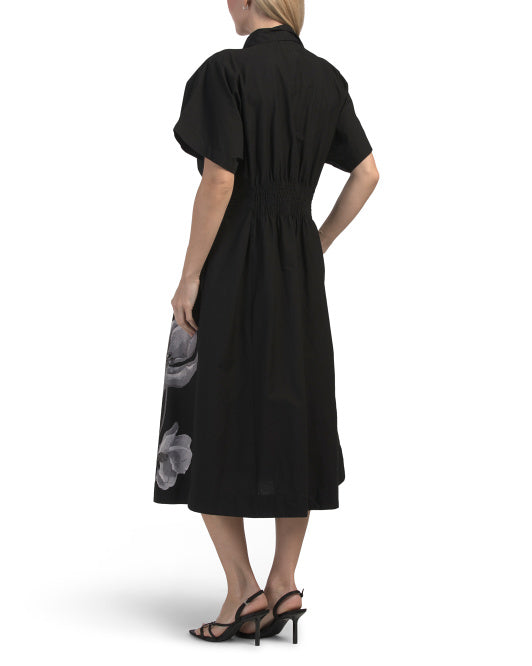 LEA Short Sleeve Pleated Waist Floral Maxi Dress