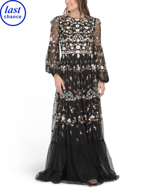 MAC DUGGAL Long Sleeve Floral Embroidered Tiered Gown