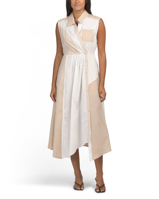 NICOLE MILLER Asymmetrical Hem Mixed Print Midi Shirt Dress