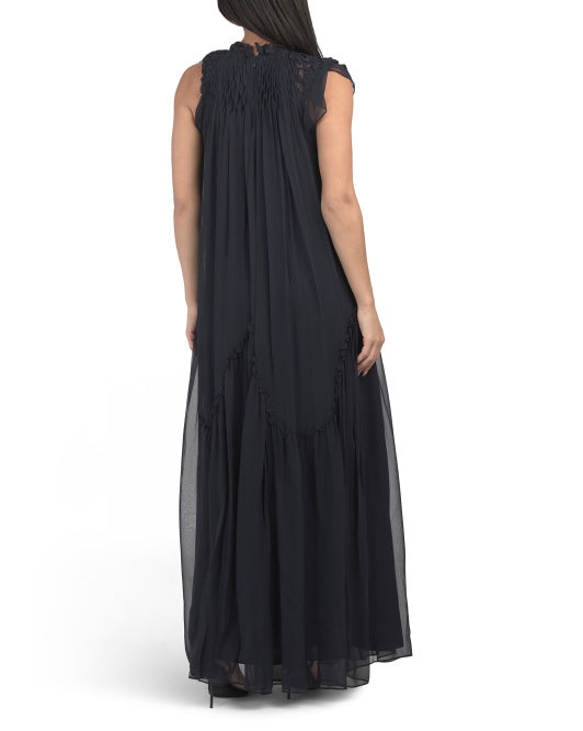 REBECCA TAYLOR Silk Smocked Chiffon Maxi Dress