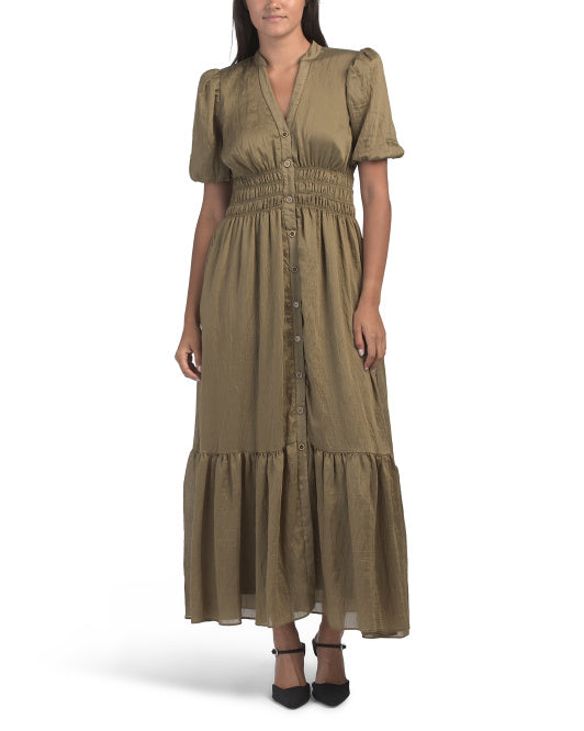 TAYLOR Puff Sleeve Button Down Smocked Waist Maxi Dress