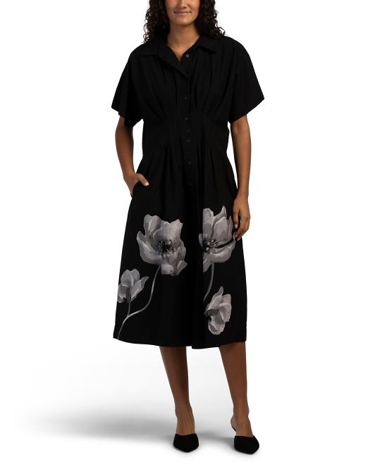 LEA Short Sleeve Pleated Waist Floral Maxi Dress
