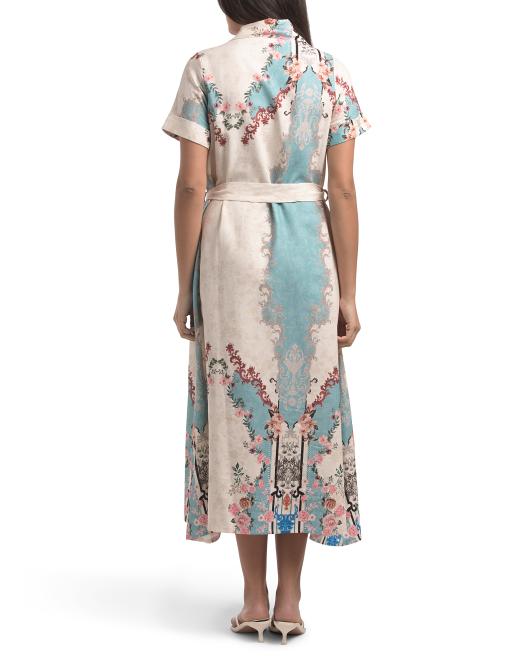 LE RAGAZZE Made In Italy Linen Blend Short Sleeve Belted Maxi Dress